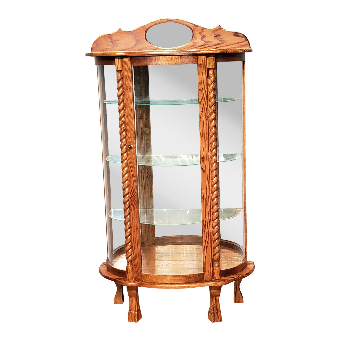 Vintage Rope Twist Oak Bow Front Curio with Glass Shelves and