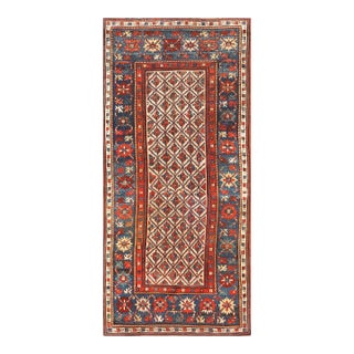 1880s Ivory Blue Diamond Hank Knotted Antique Caucasian Rug 4'0" X 8'0" Wool Carpet For Sale