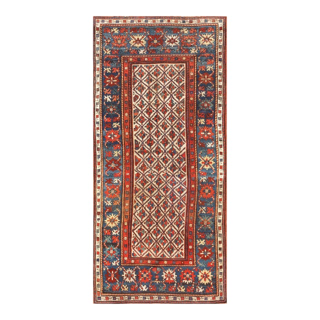1880s Ivory Blue Diamond Hank Knotted Antique Caucasian Rug 4'0" X 8'0" Wool Carpet For Sale