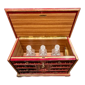 Mid 20th Century Bullock’s Wilshire Italian Florentine Tantalus Cocktail Chest With Crystal Decanters & Glasses - Set of 10
