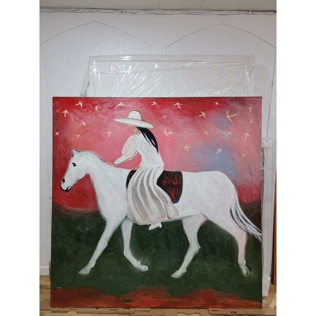 Birds, Angels, and Horse Rider, Mixed Media Equestrian Landscape Oil Painting For Sale - Image 14 of 16