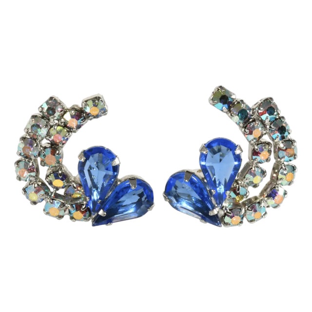 1960s Vintage Earrings Bright Blue Rhinestones & Silver-Plated Metal- 2 pieces For Sale