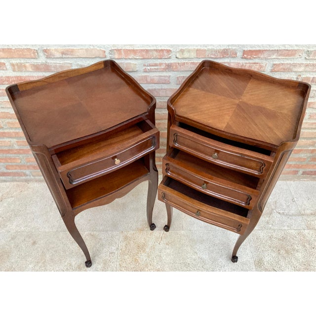 Wood French Walnut Nightstand with Drawers and Shelf, 1950s, Set of 2 For Sale - Image 7 of 16