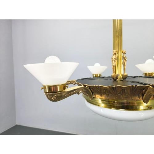 Art Deco Brass Chandelier with Glass Shades, Czechoslovakia, 1930s For Sale - Image 6 of 17