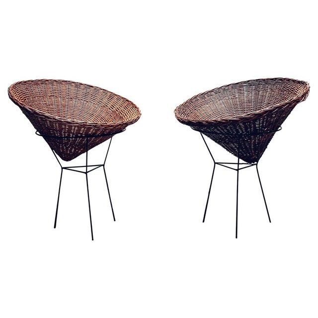 Wood Large Wicker Baskets with Metal Frame, 1950s, Set of 2 For Sale - Image 7 of 7