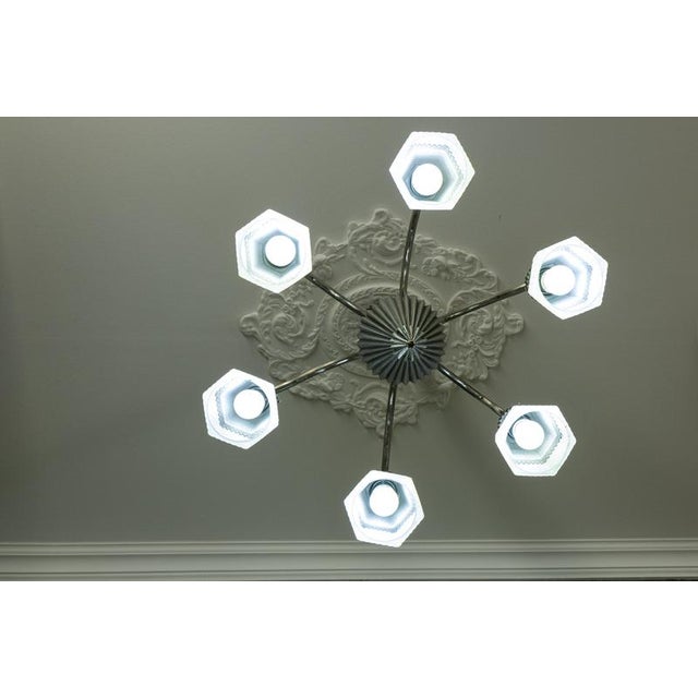 Art Deco French Bronze and Frosted White Glass Six-Light Chandelier, 1930s For Sale - Image 10 of 18