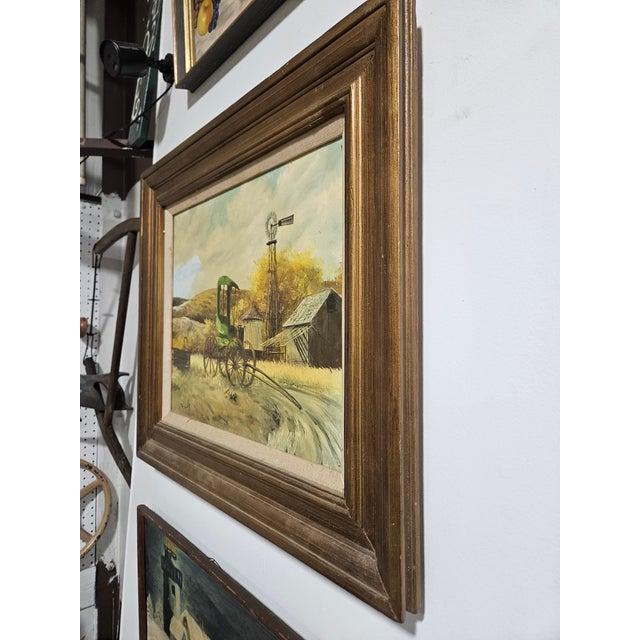 Farmhouse 1970s Wagon in the Field With Windmill Painting For Sale - Image 3 of 7