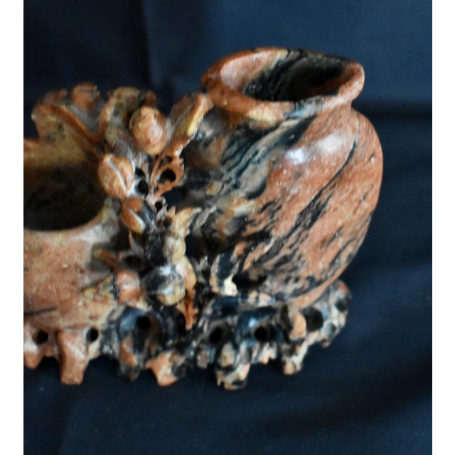Stone Antique Chinese Carved Soapstone Double Vase Floral Sculpture Pot Red Black For Sale - Image 7 of 14