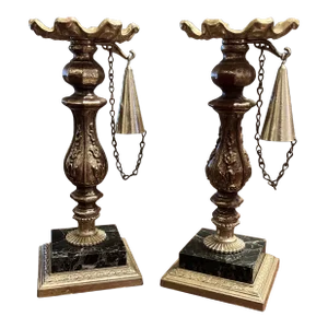 1950s Ornate Marble Based Silver Plated Candlesticks With Attached Snuffers - a Pair