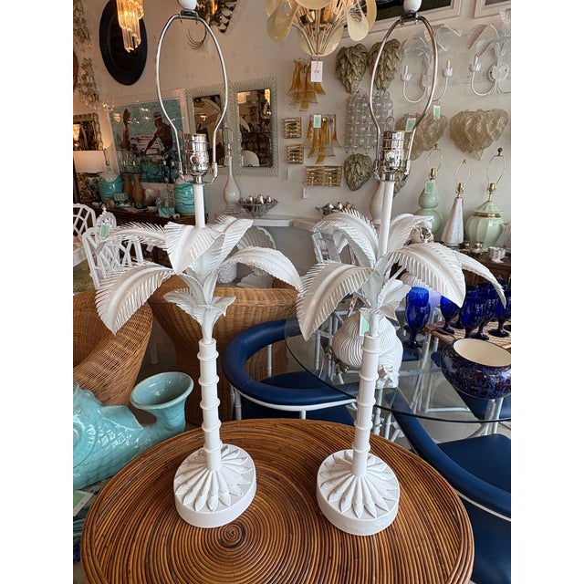 Metal Vtg. Pair 1973 Palm Beach Tree Leaf Table Lamps Restored White Tole Newly Wired For Sale - Image 7 of 10