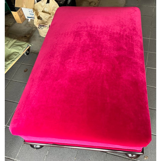Custom Fuchsia Pink Velvet Cocktail Ottoman With Dark Wood Base & Bun Feet For Sale In Chicago - Image 6 of 11