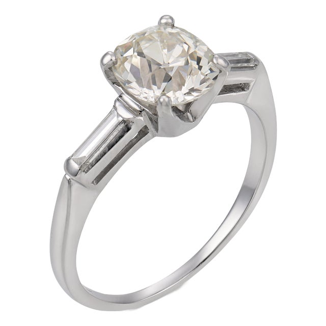 Mid Century Gia 1.80 Carat Diamond Platinum Engagement Ring, Size 7.5 For Sale