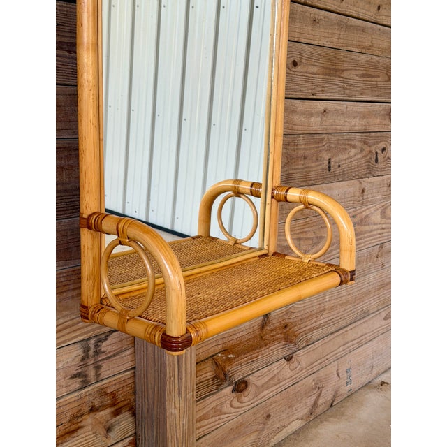 Vintage Coastal Boho Rattan Fan Back Wall Mirror With Woven Shelf For Sale - Image 9 of 12