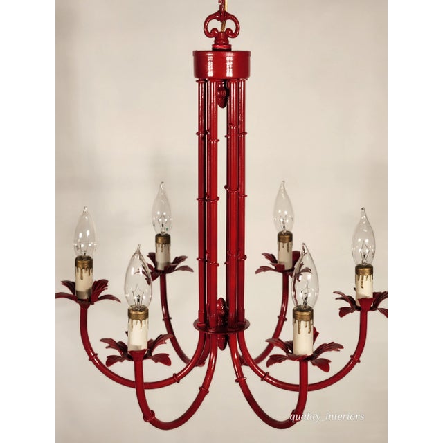 1970s Vintage Faux Bamboo Pagoda Hollywood Regency Birdcage 6 Light Chandelier For Sale - Image 5 of 12