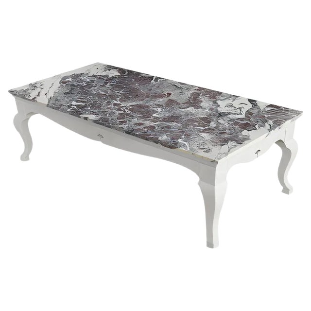 Rectangular Coffee Table Red Paonazzo Marble Top and White Lacquered Wooden Base Handmade frolm Cupioli For Sale