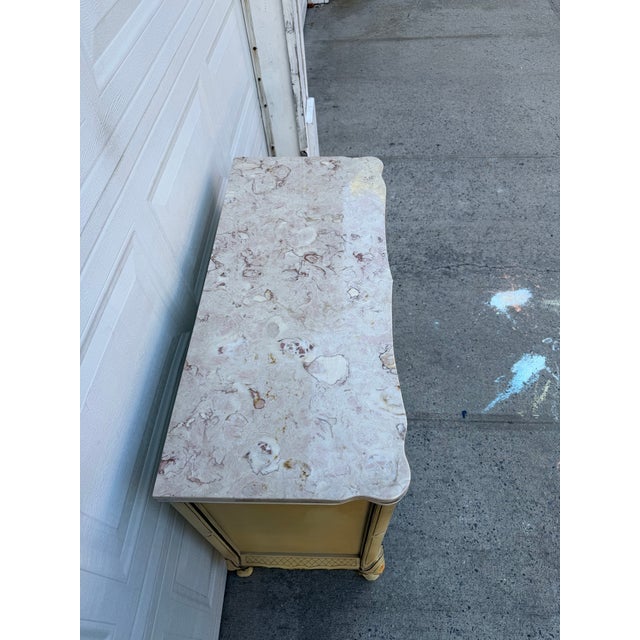 Stone Vintage French Provincial Hand Painted Cane Door Cabinet With Marble Top For Sale - Image 7 of 11