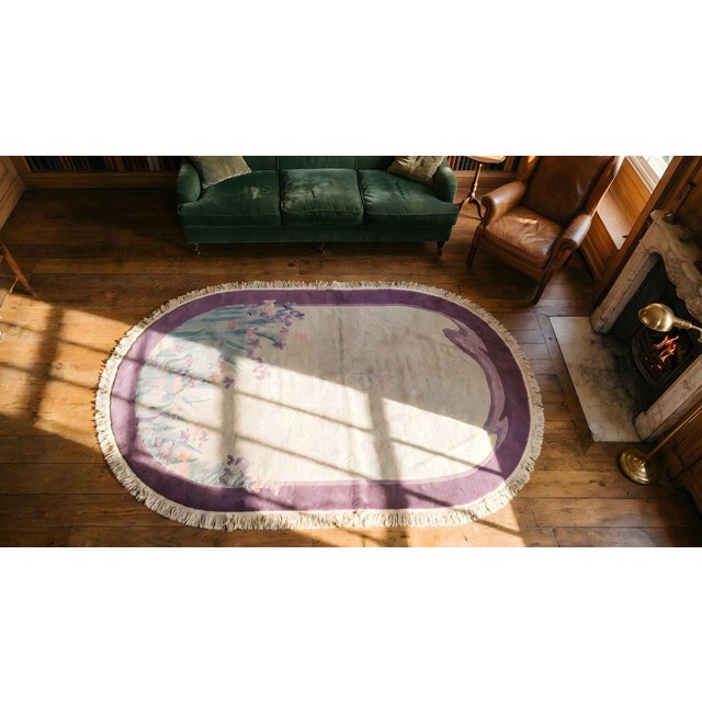 Textile 1920s Tan Ecru Open Field Antique Chinese Art Deco Rug 4' 2'' X 7' 0'' Handknotted Wool Carpet For Sale - Image 7 of 8