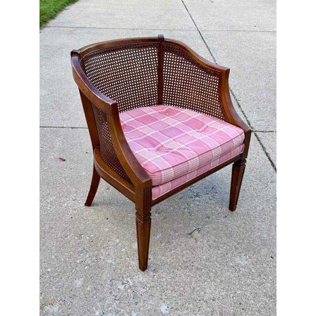 Vintage Mid-Century Modern Cane Barrel-Back Armchair | Hollywood Regency Neoclassical Revival | Tufted Pink Plaid Upholstery For Sale - Image 14 of 18