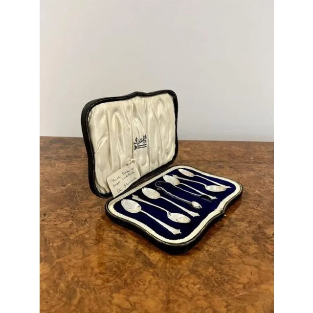 Antique Silver Teaspoons & Sugar Tongs, 1900s, Set of 8 For Sale - Image 4 of 6