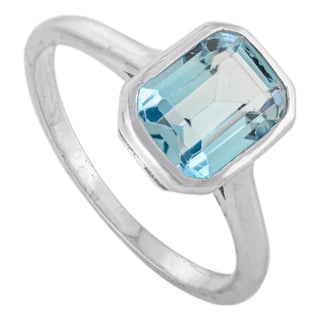 Classic Octagon Cut Blue Topaz Silver Stackable Ring in Bezel Setting - Size 8 For Sale