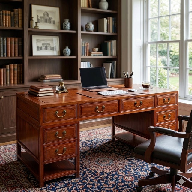 Chinese Brown Drawers Base Top Wood Editor Office Writing Desk Table For Sale - Image 10 of 11