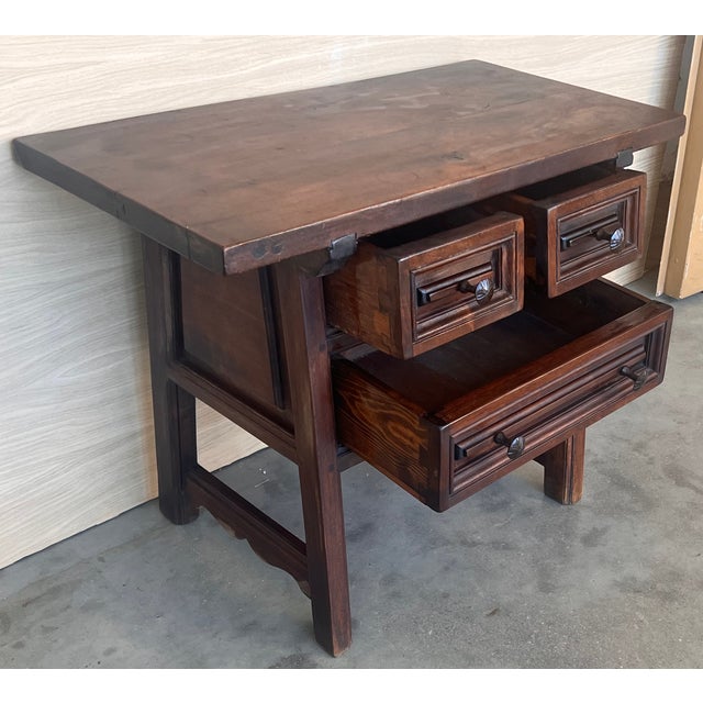 19th Century Rustic Artisan Made Pyrenees Mountains Side Three Drawers Table For Sale - Image 10 of 12