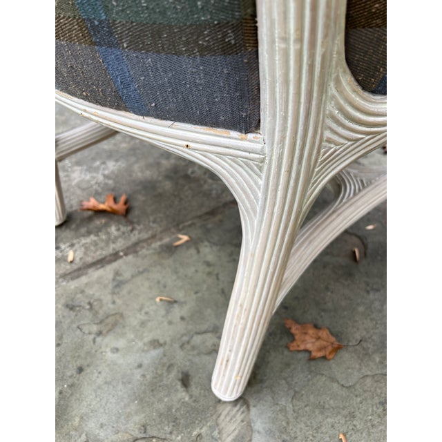 Blue 1980s Vintage Reeded Rattan Upholstered Armchair For Sale - Image 8 of 8