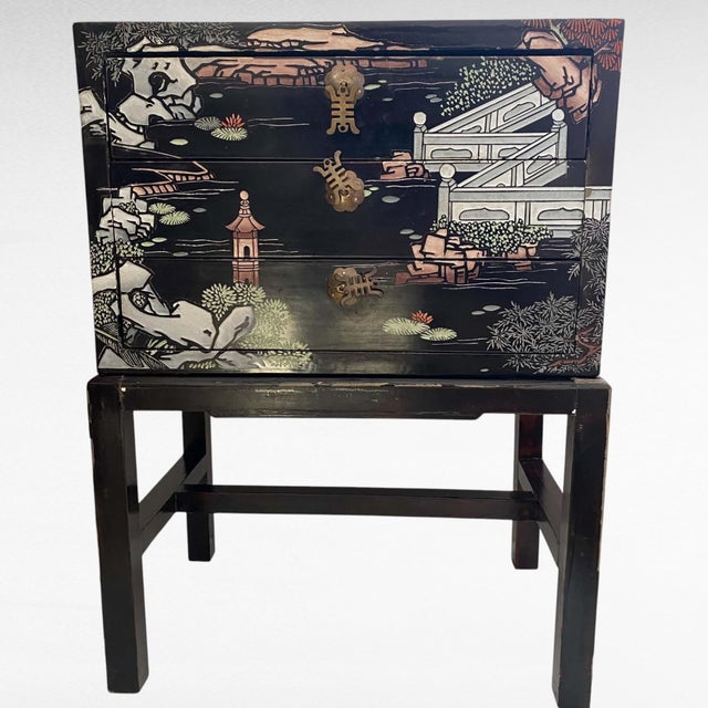 Mid-20th Century Chinese Black Lacquer 3-Drawer Cabinet on Stand With Incised Detail For Sale - Image 14 of 17