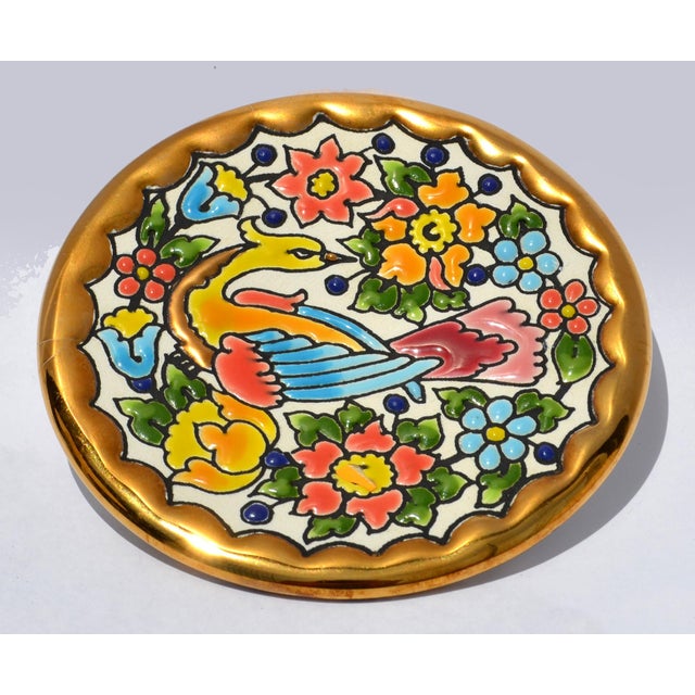 1980s Vintage Handmade Spanish Coaster 3.75 Inch 24k Gold Exotic Bird Floral Design Majolica For Sale - Image 5 of 12