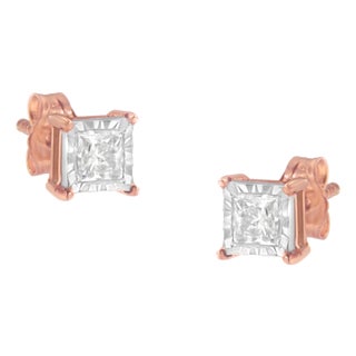 14K Rose Gold Plated Two-Tone .925 Sterling Silver 1/2 Cttw Princess-Cut Square Near Colorless Diamond Solitaire Miracle-Plate Stud Earrings For Sale