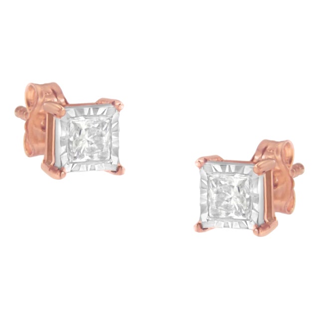 14K Rose Gold Plated Two-Tone .925 Sterling Silver 1/2 Cttw Princess-Cut Square Near Colorless Diamond Solitaire Miracle-Plate Stud Earrings For Sale