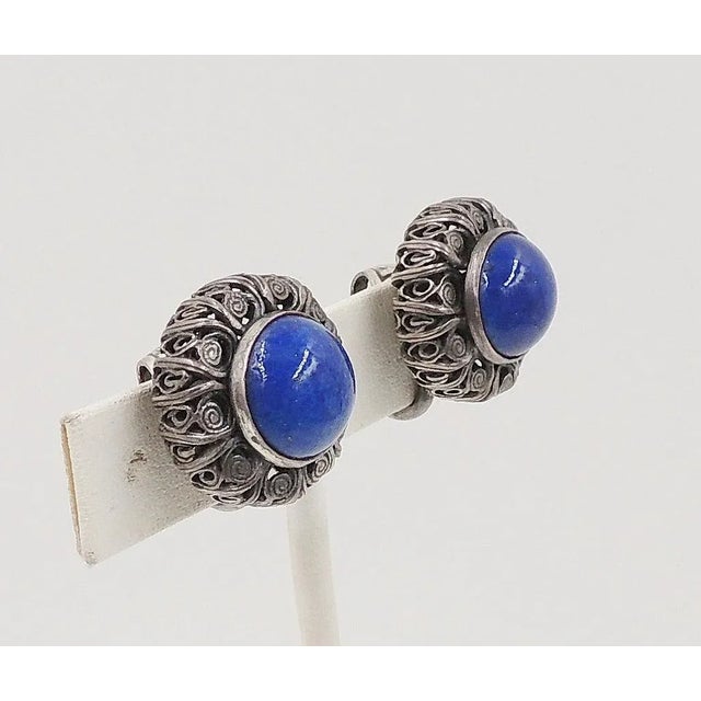 Napier Vintage 1950s Signed Napier Silvertone Faux-Lapis Cabochon Rhinestone Clip Earrings - 2 Pieces For Sale - Image 4 of 7