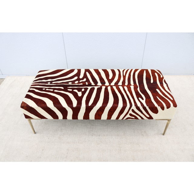 2010s Mid-Century Modern Zebra Hide Ottoman / Coffee Table With Brushed Bronze Legs For Sale - Image 5 of 18