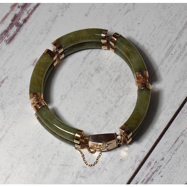 14k Gold Green Jade Link Bracelet Good Fortune 7 1/8" Long Double-link green Jade bracelet designed and fitted with 14k...