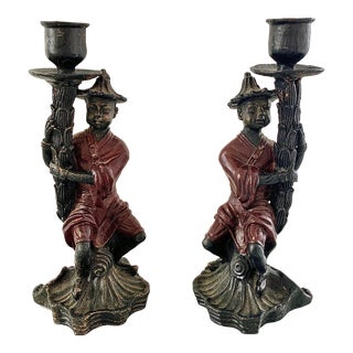 Chinoiserie Cast Iron Figurative Candle Holders, Pair For Sale