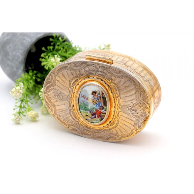 Silver Jewelry Box with Reliefs and Idyllic Scene on Enamel with Velvet Interior For Sale - Image 5 of 5