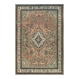 1960s Apricot Color, Hand Knotted Vintage Persian Bibikabad, Cropped Thin Distressed Look Worn Wool, Oriental Rug For Sale