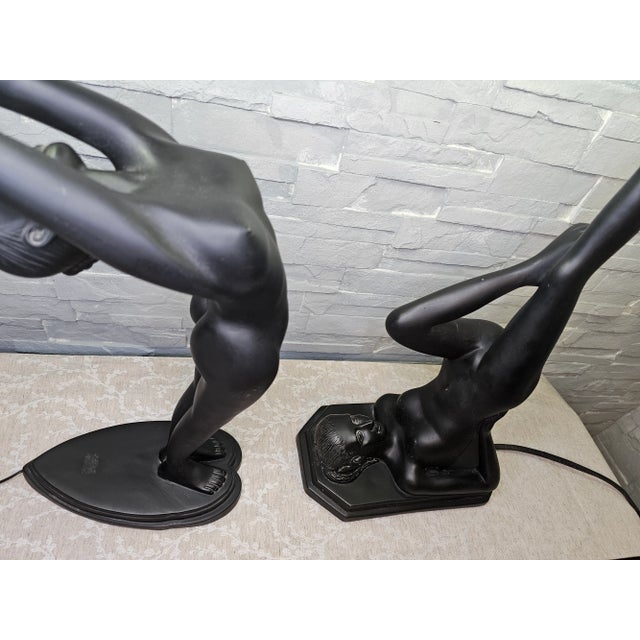 Glass Set of 2 Vintage Art Deco Black Lamps Nude Woman Holding a Globe Figural For Sale - Image 7 of 12