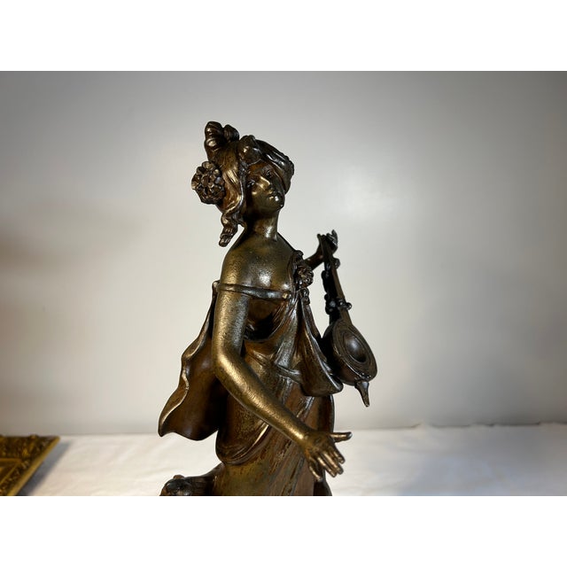Wood Antique French Auguste Moreau Spelter Figural Sculpture of Woman With Lute For Sale - Image 7 of 9