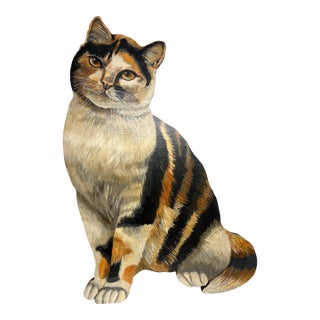 1990s Original Art Painted Wood Tabby Cat For Sale