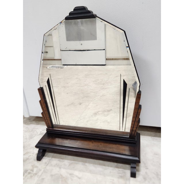 distinctively Deco, circa 1930 standing tabletop vanity mirror, walnut wood with skyscraper inspired edges, stepped wood...
