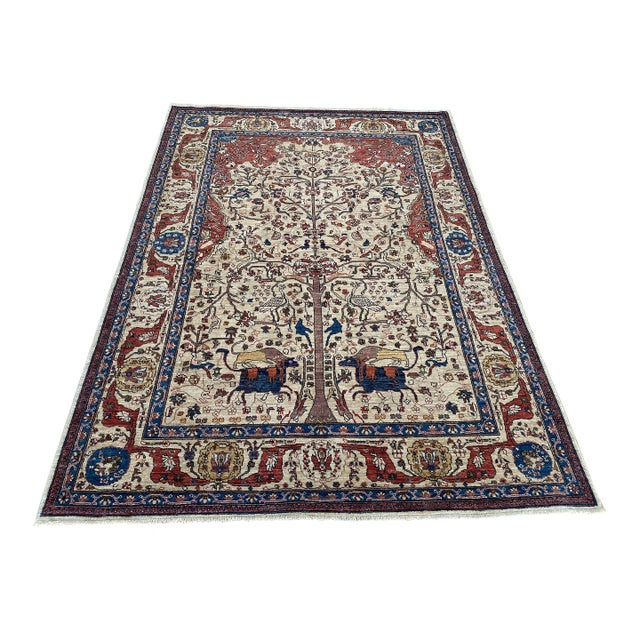 Fine Ivory Persian Isfahan Tree of Life Hand-Knotted Wool Rug - 5'7" X 7'8" For Sale