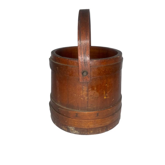Antique Primitive Wood Firkin Staved Bucket Iron Bail Handle Victorian Decoupage For Sale - Image 4 of 10