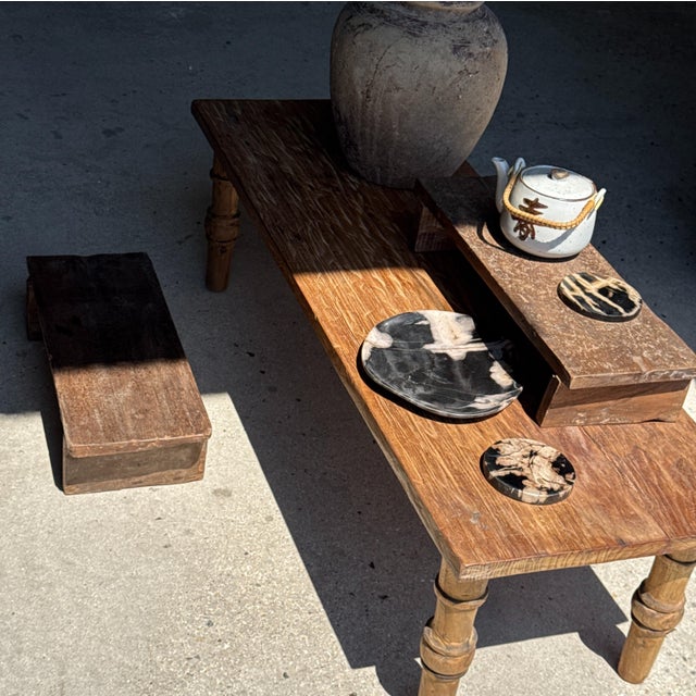 Wood Small Low Bench in Antique Indonesian Teak, 1980s For Sale - Image 7 of 18