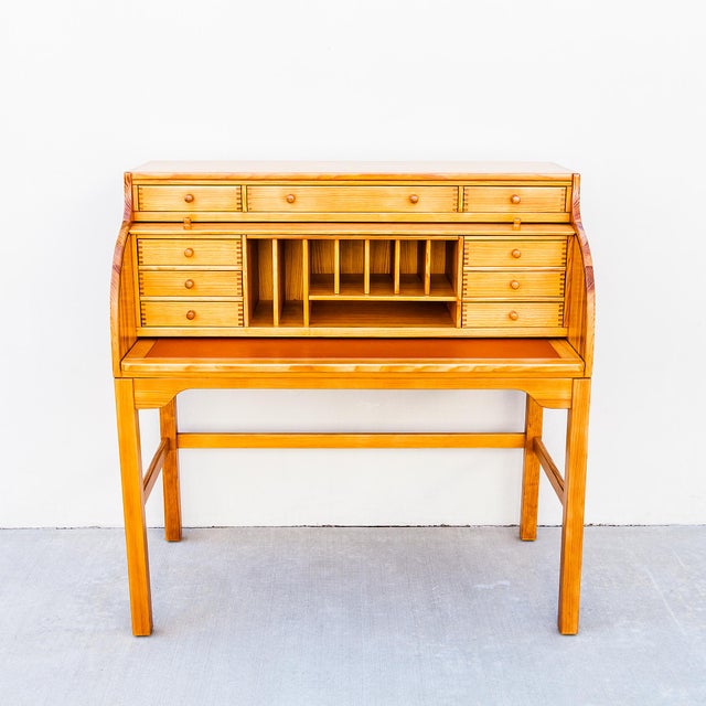 Dyrlund 1980s Restored Danish Modern Solid Pine Rolltop Desk by Andreas Hansen For Sale - Image 4 of 18