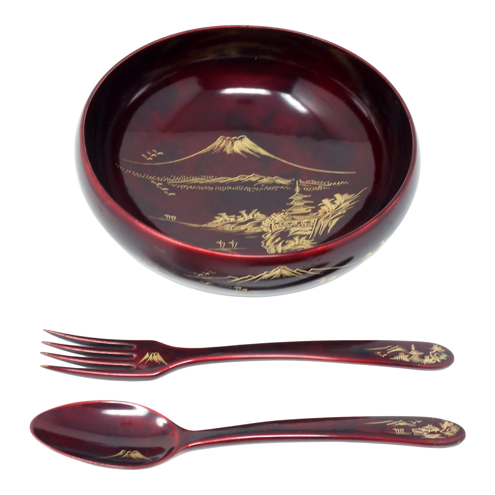 Vintage Japanese Lacquerware Salad Serving Bowl and Utensils Set of 3