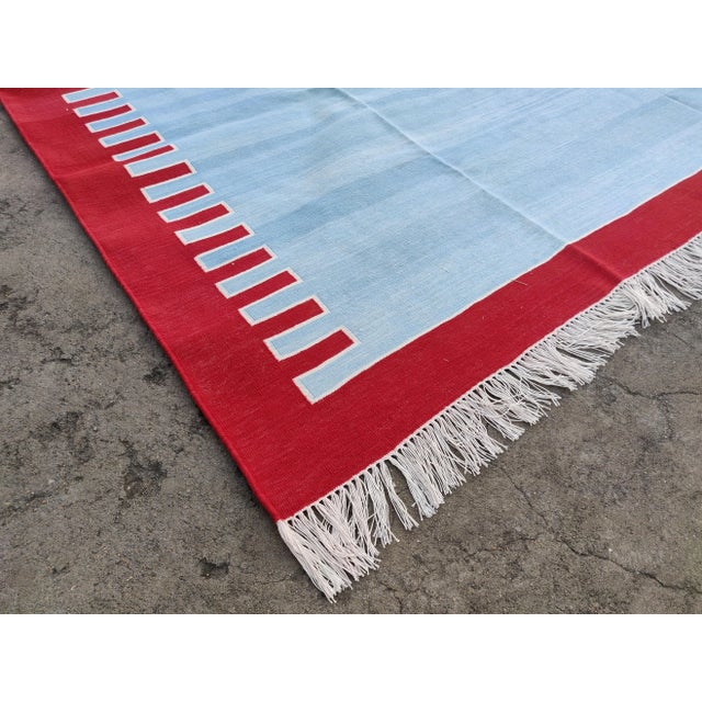Textile Handmade Cotton Zig Zag Pattern Rug, Sky Blue and Red Bordered 8'x10' For Sale - Image 7 of 11