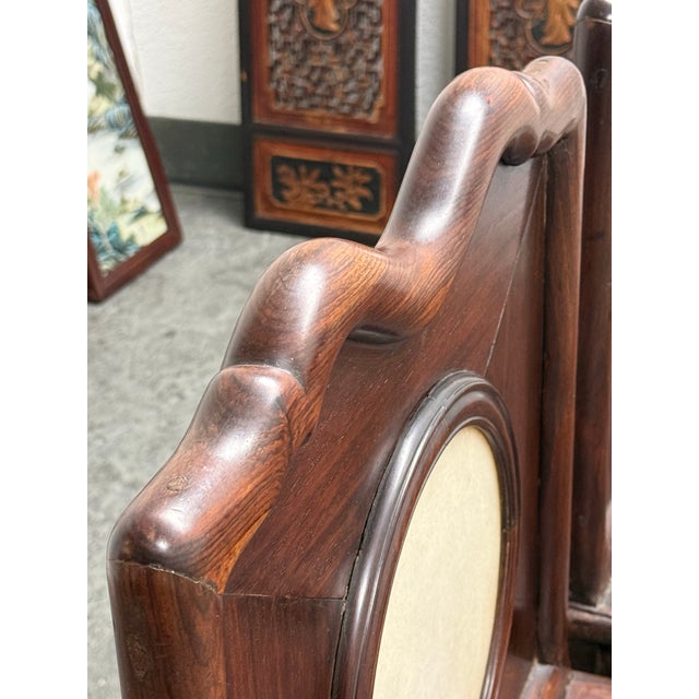 Brown Antique Rosewood Chairs + Round Stone Inserts Side Chairs, Pair. For Sale - Image 8 of 12