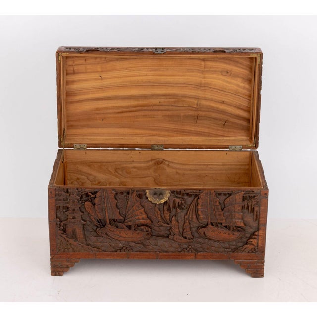 Early 20th Century Chinese Figural Carved Camphor Wood Chest For Sale - Image 5 of 12
