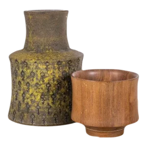 Mid 20th Century Bitossi Vase With Matching Teak Bowl - Set of 2